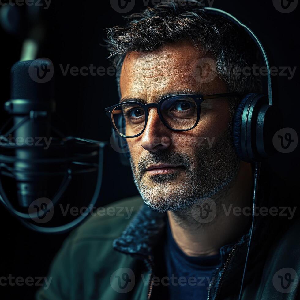Professional man engaged in audio recording session with equipment photo