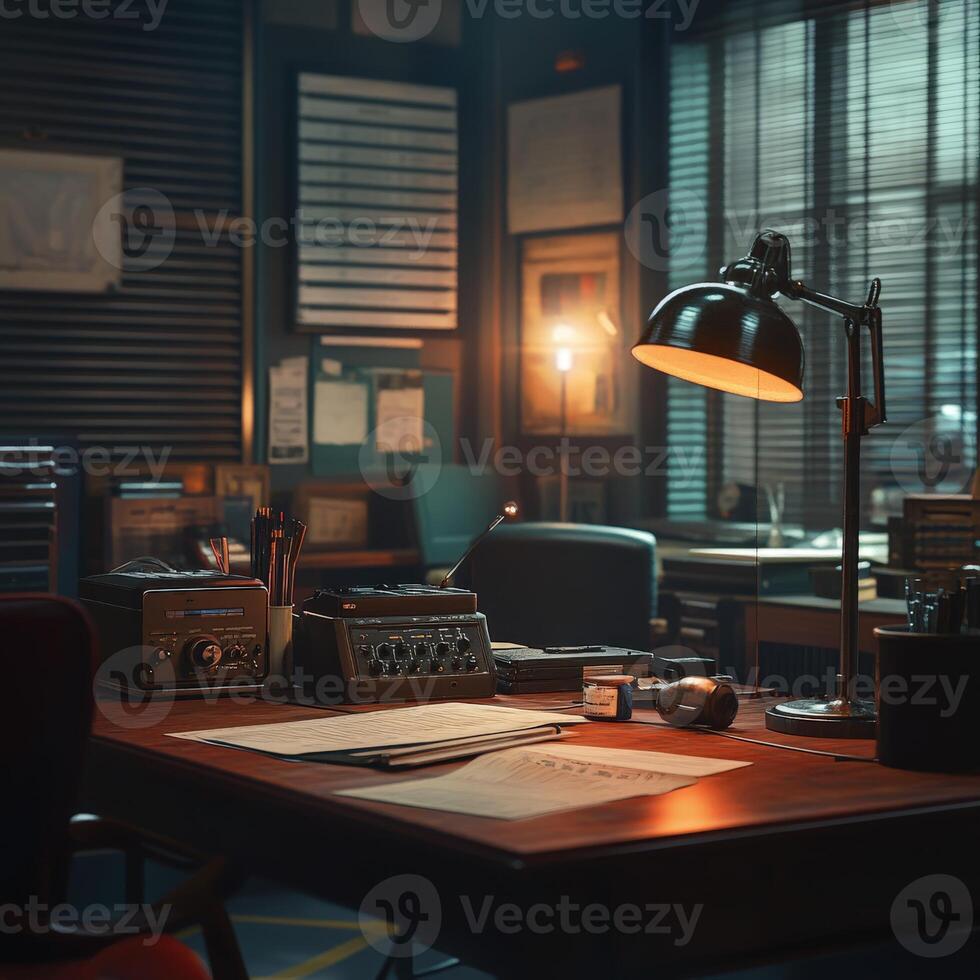 Workspace with vintage equipment illuminated in a warm glow during evening hours photo