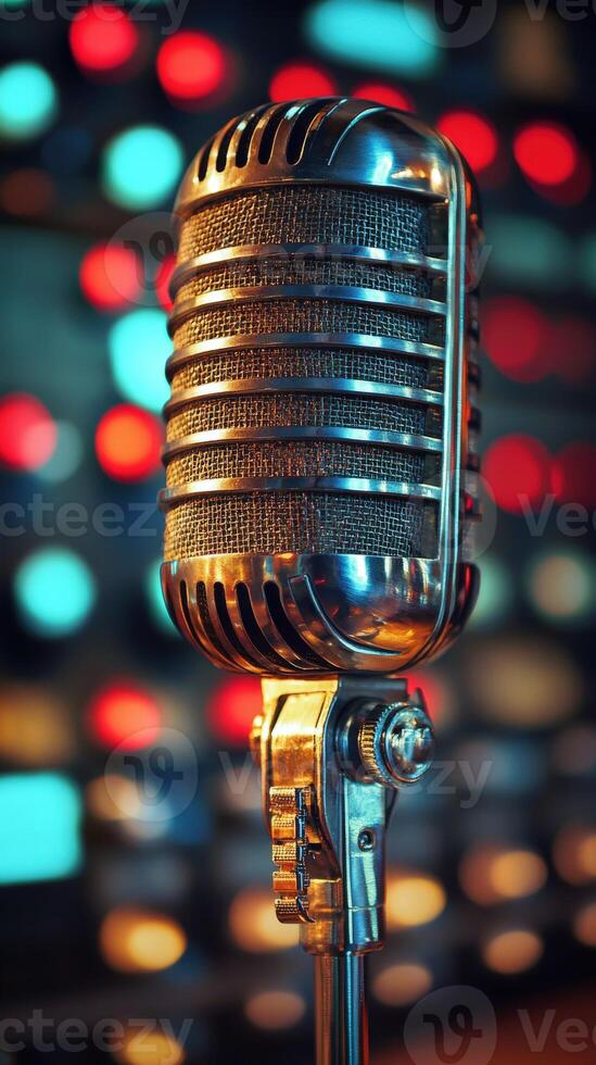 Vintage microphone against colorful buttons in a studio setting photo