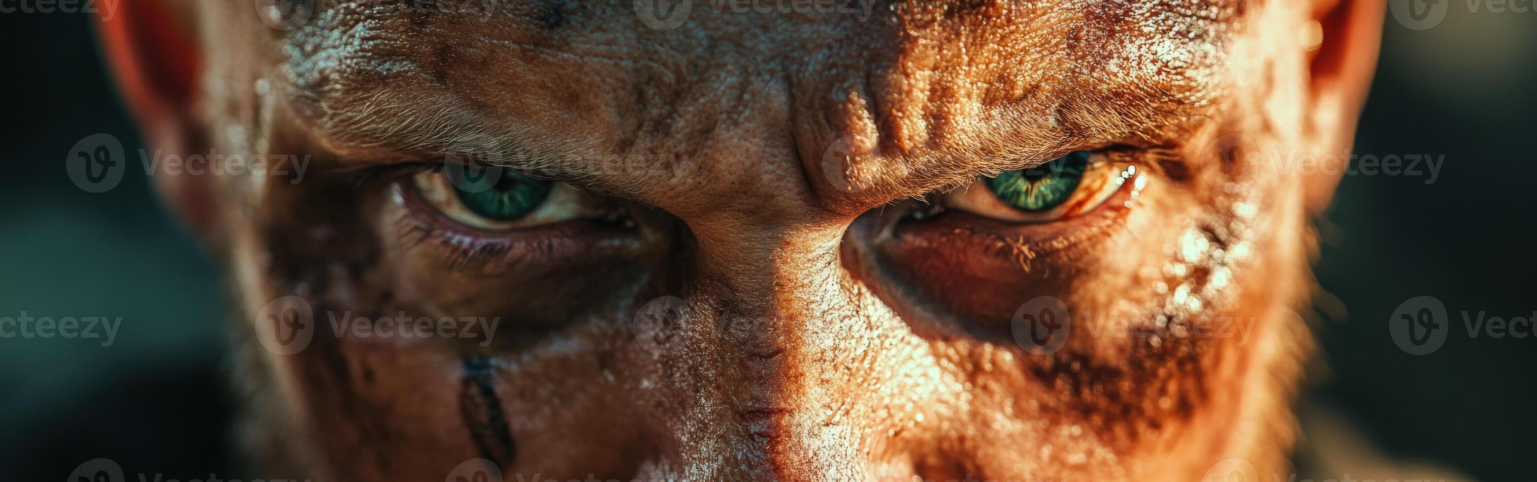 Intense close-up of a warrior with striking eyes and battle scars photo