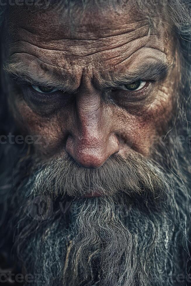 Intense expression of an elderly man with a long beard and deep wrinkles photo