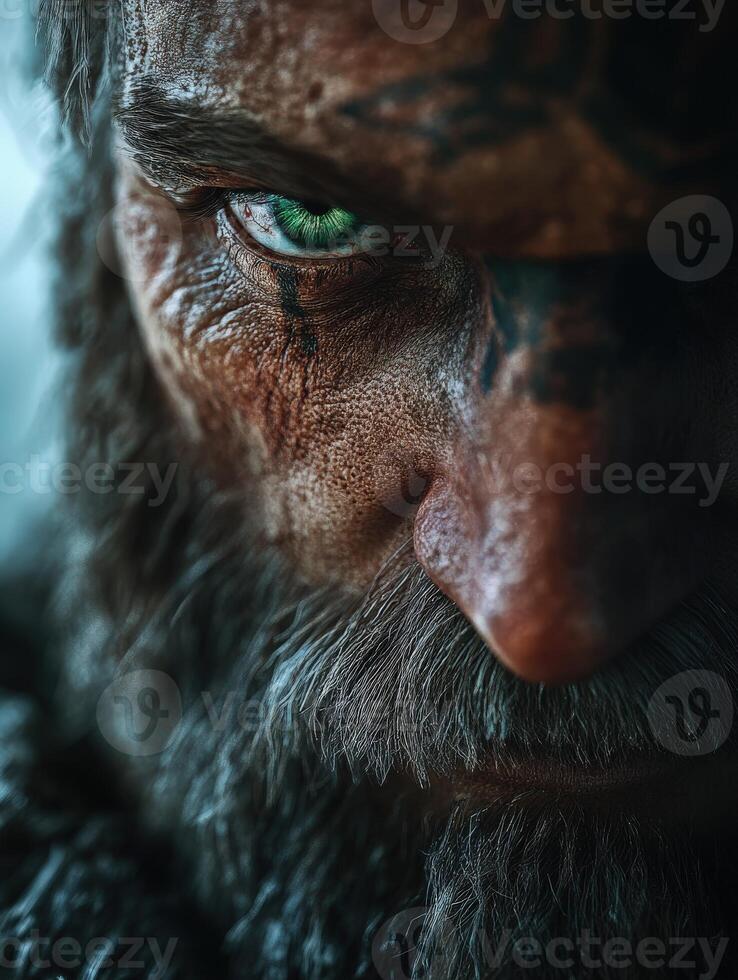 Close-up of weathered man with piercing green eye and tattoos photo