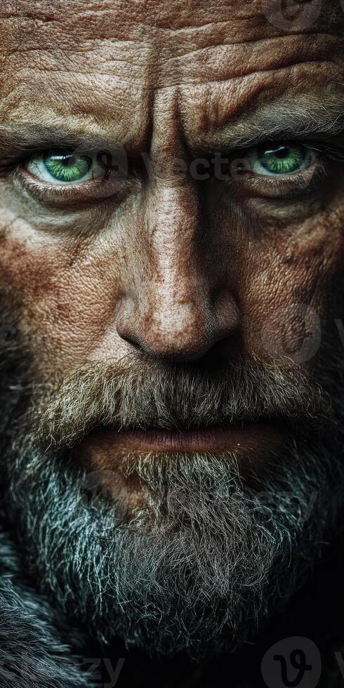 A rugged man stares intently, showcasing weathered skin and a bushy beard photo