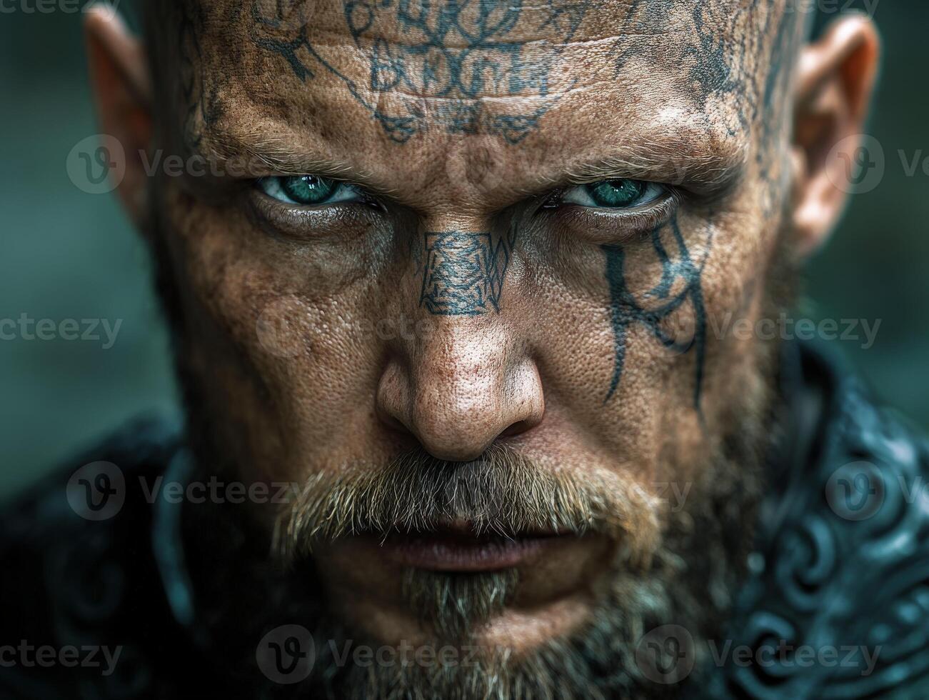 Intense portrait of a warrior with intricate tattoos and fierce expression photo