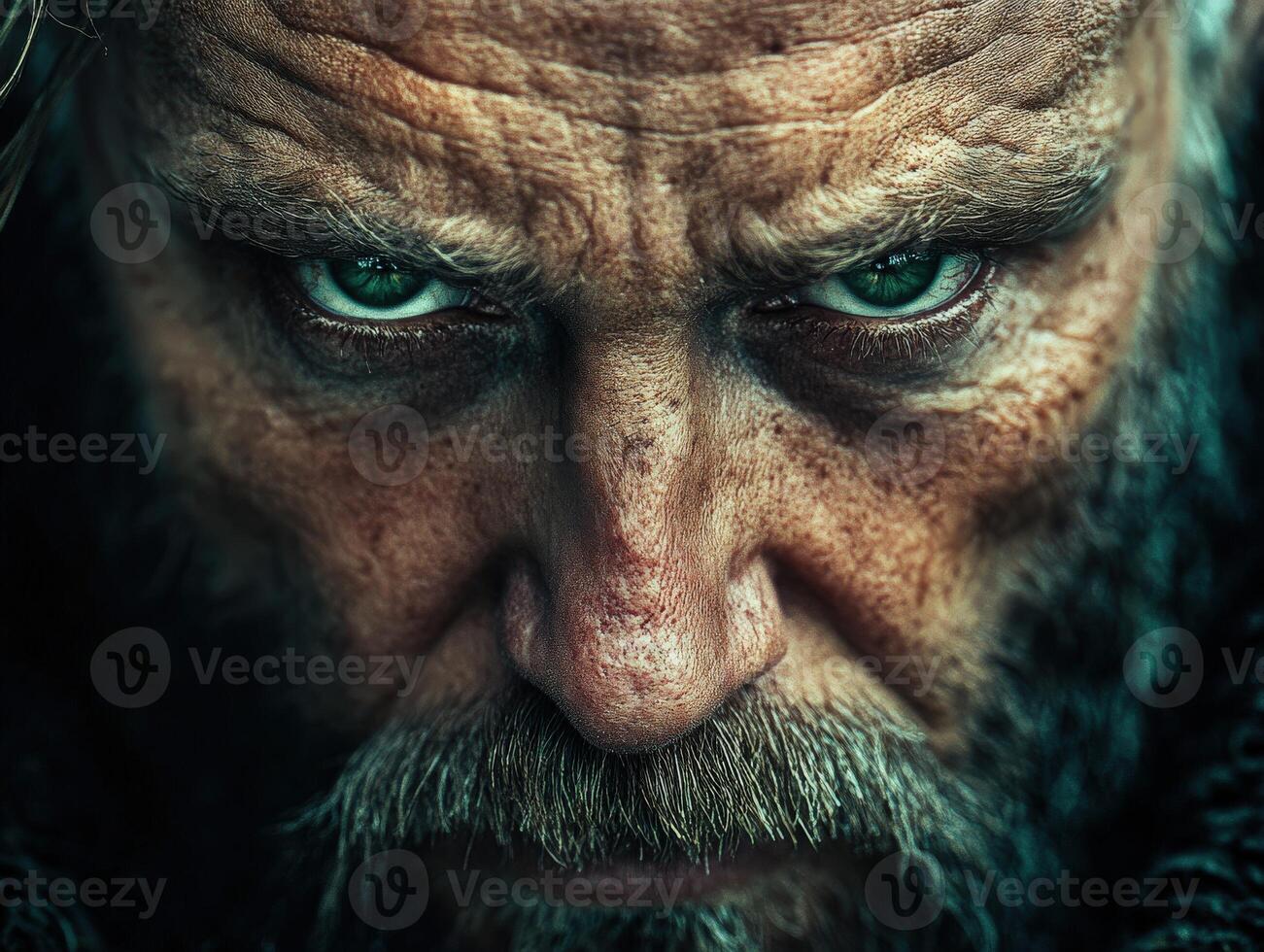 Intense close-up of a weathered man with piercing green eyes photo