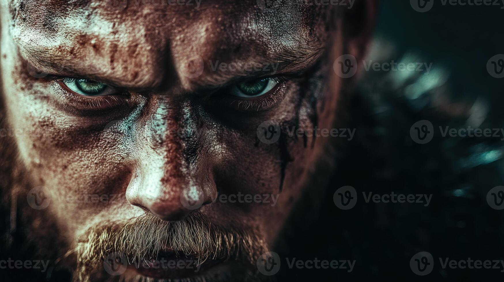 Intense warrior portrait in dramatic lighting captures raw emotion and power photo