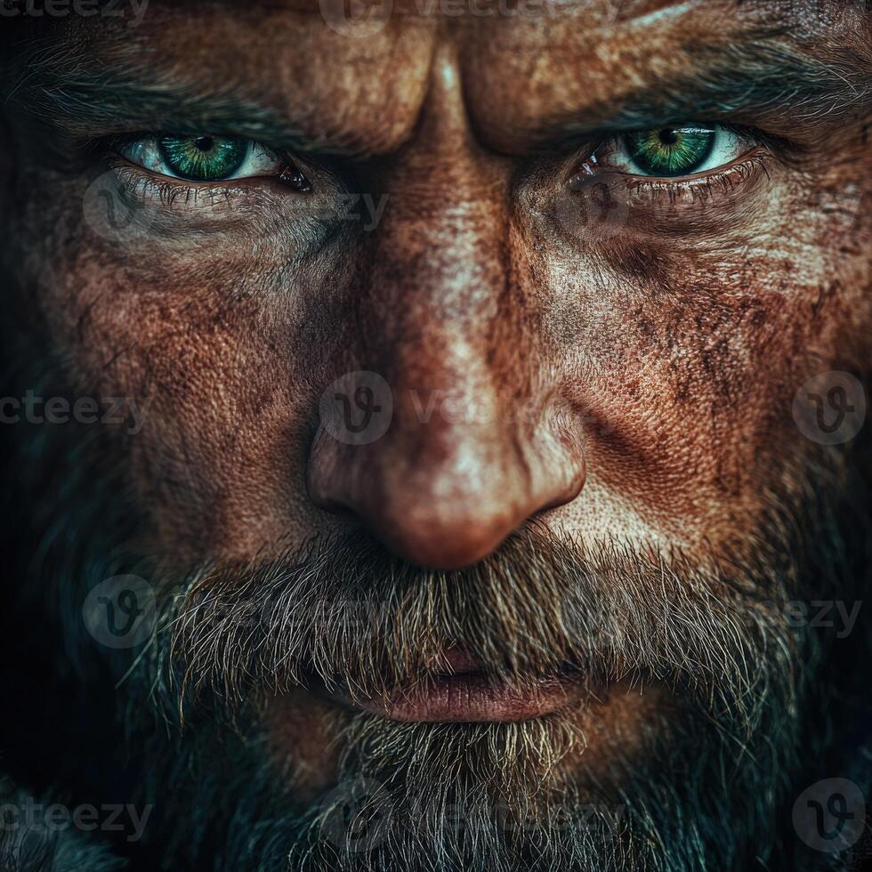 Intense gaze of a rugged man with striking green eyes in natural light photo