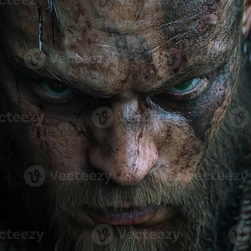 Intense close-up of a warrior with striking features and battle scars photo