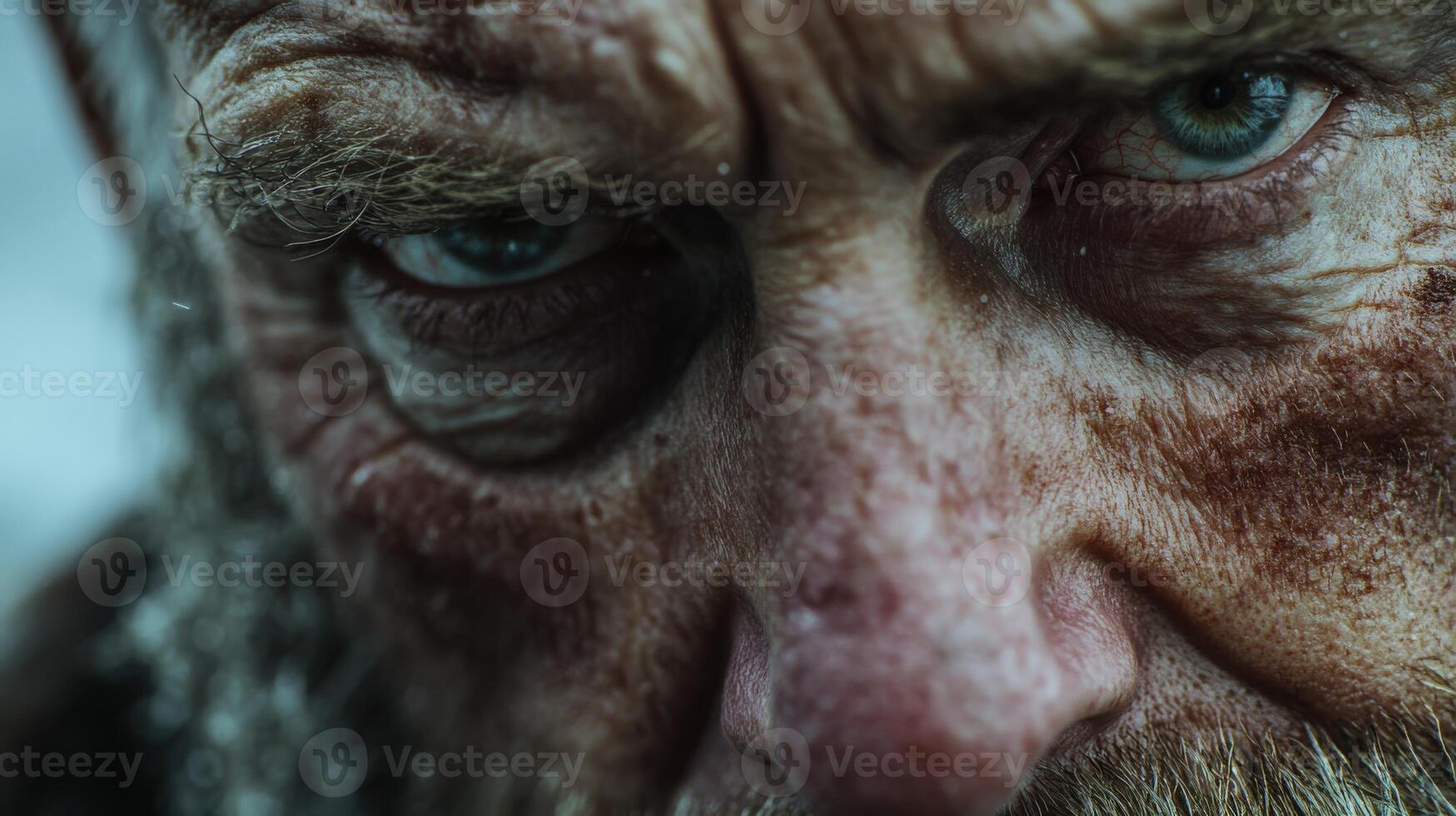 Intense close-up of a rugged man with striking blue eyes and weathered skin photo
