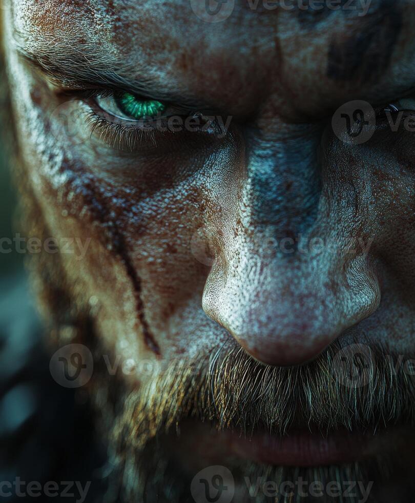 Warrior portrait piercing eyes, rugged features in a dramatic moment photo