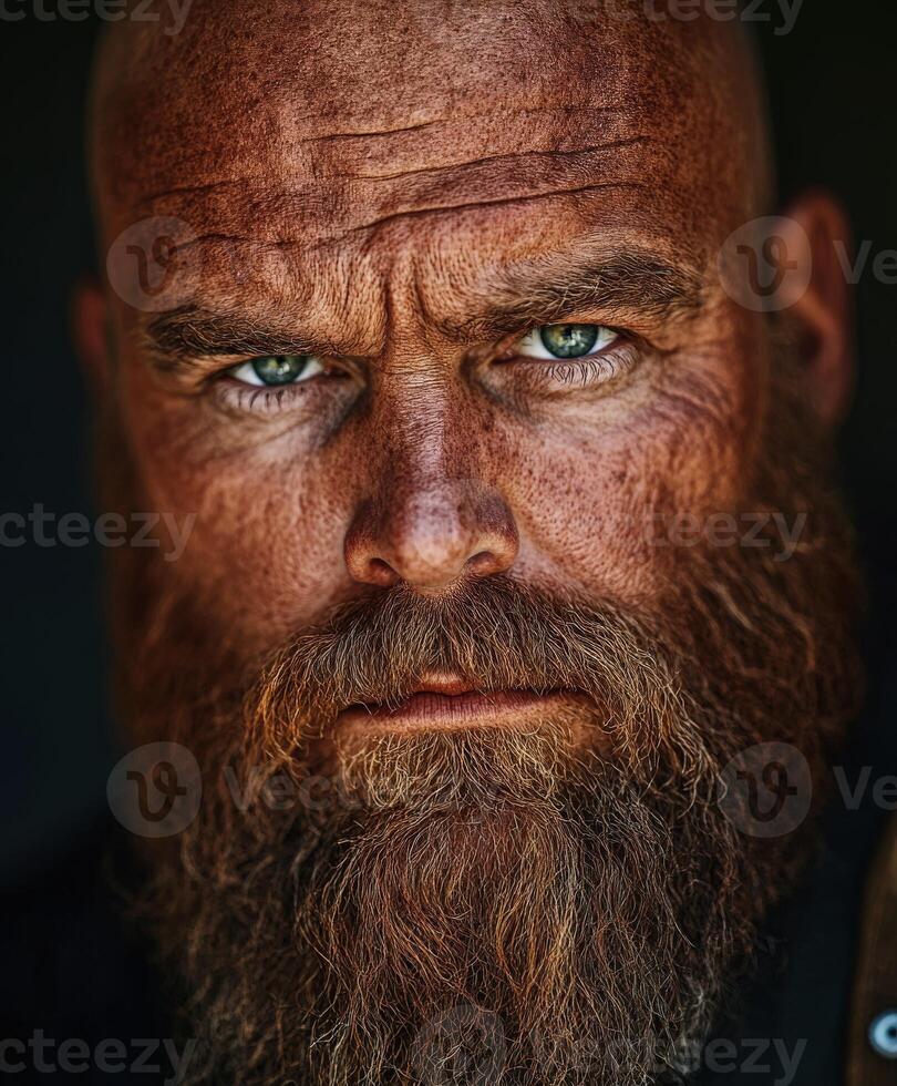 Rugged man with strong features and a thick beard gazes intensely photo