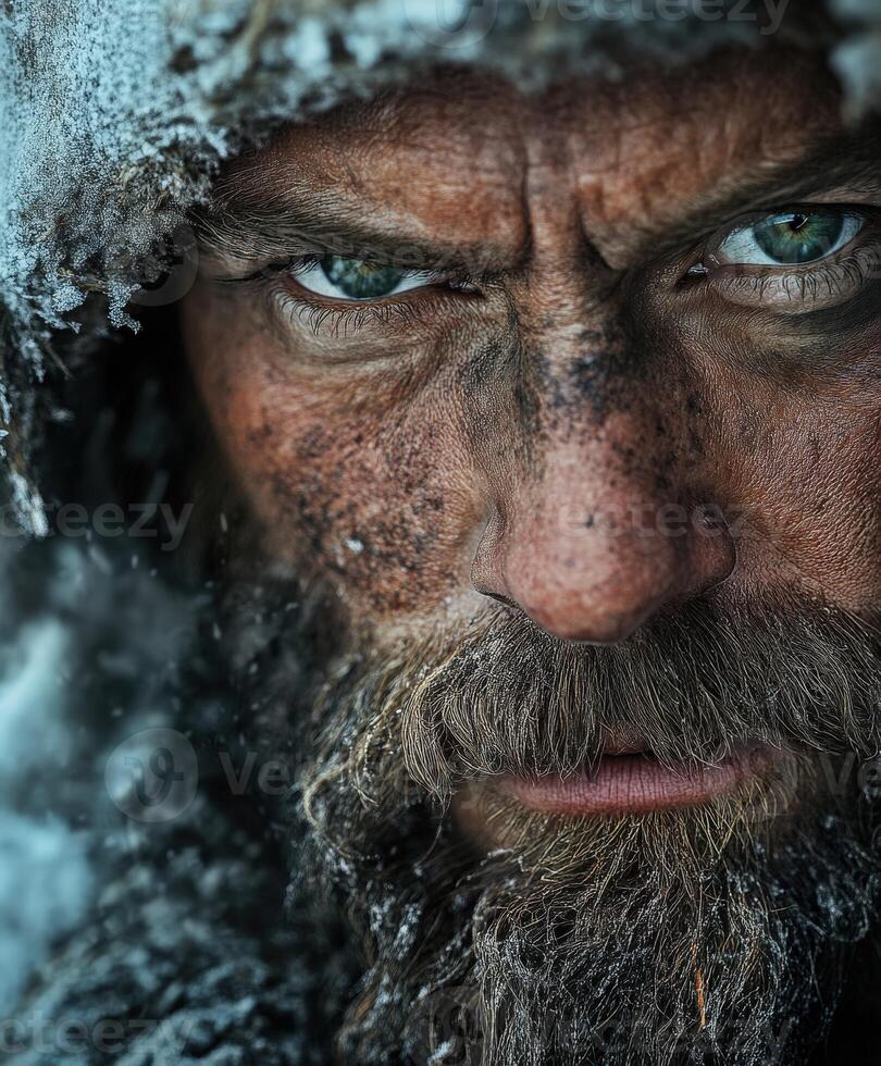 Intense expression of a rugged explorer in a snowy wilderness landscape photo