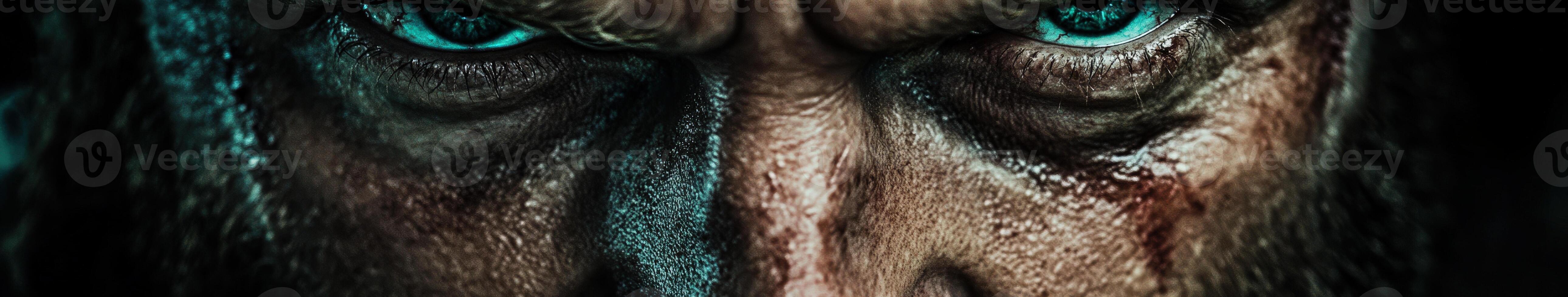 Intense close-up of a rugged face expressing determination and strength photo
