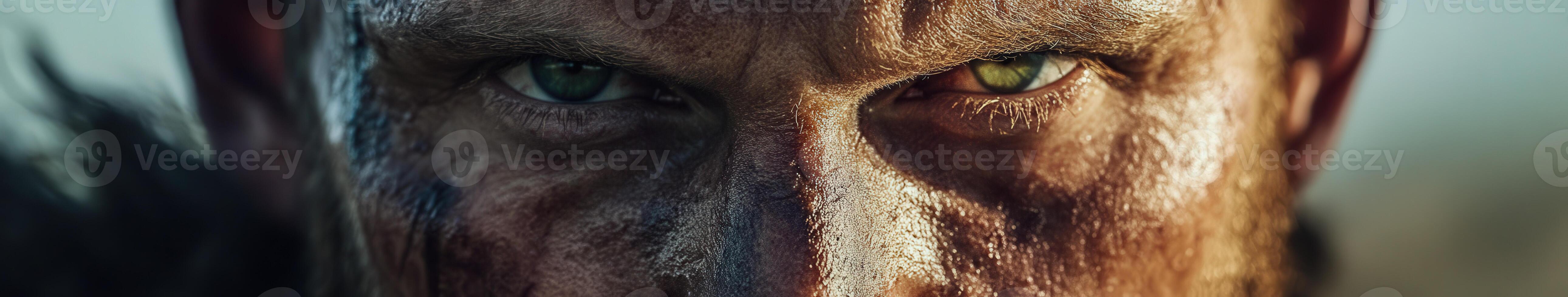 Intense close-up of a weathered face during a fierce battle photo