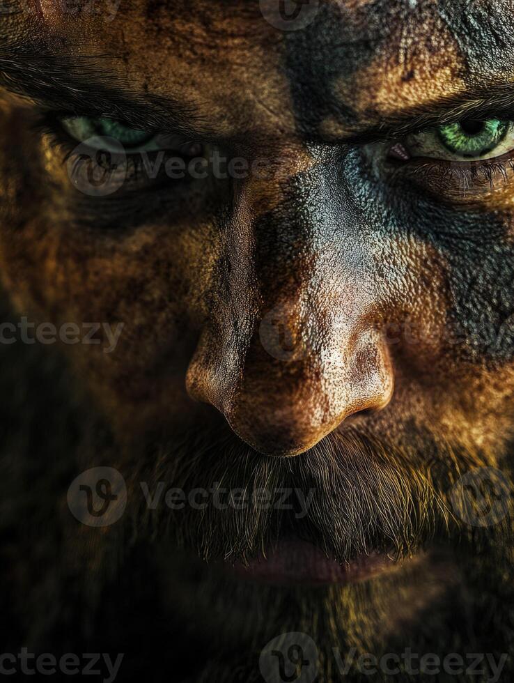 Intense close-up of a warrior with painted face and fierce expression photo