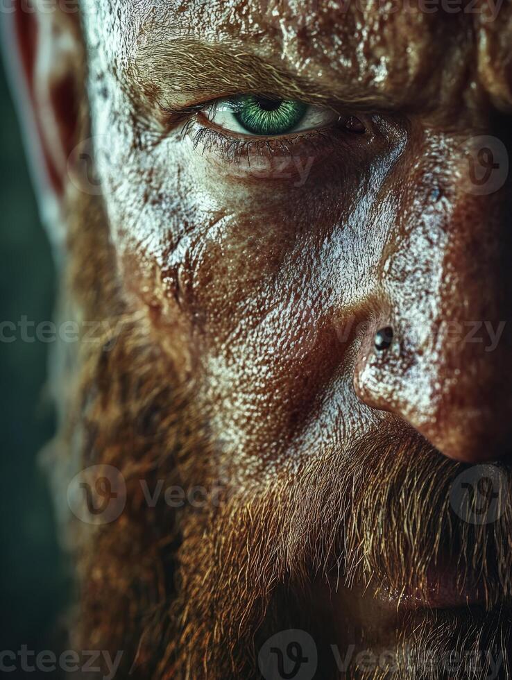 Bearded man with piercing green eyes and intense expression in close-up photo