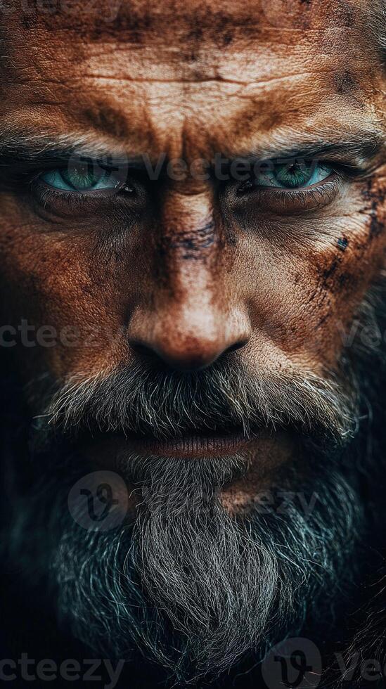 Intense warrior portrait showcasing rugged features and piercing eyes photo