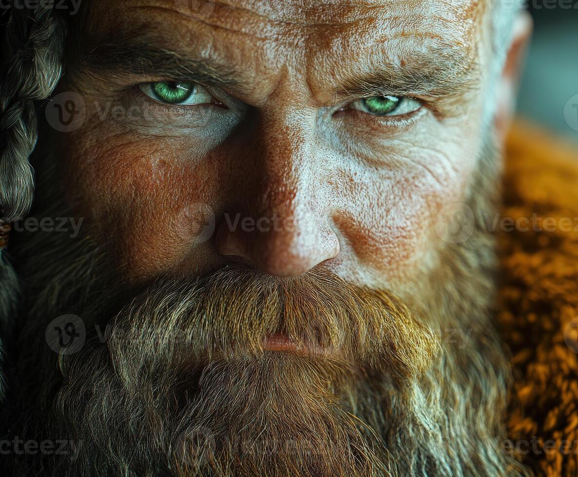 Intense close-up of a man with a thick beard and striking green eyes photo