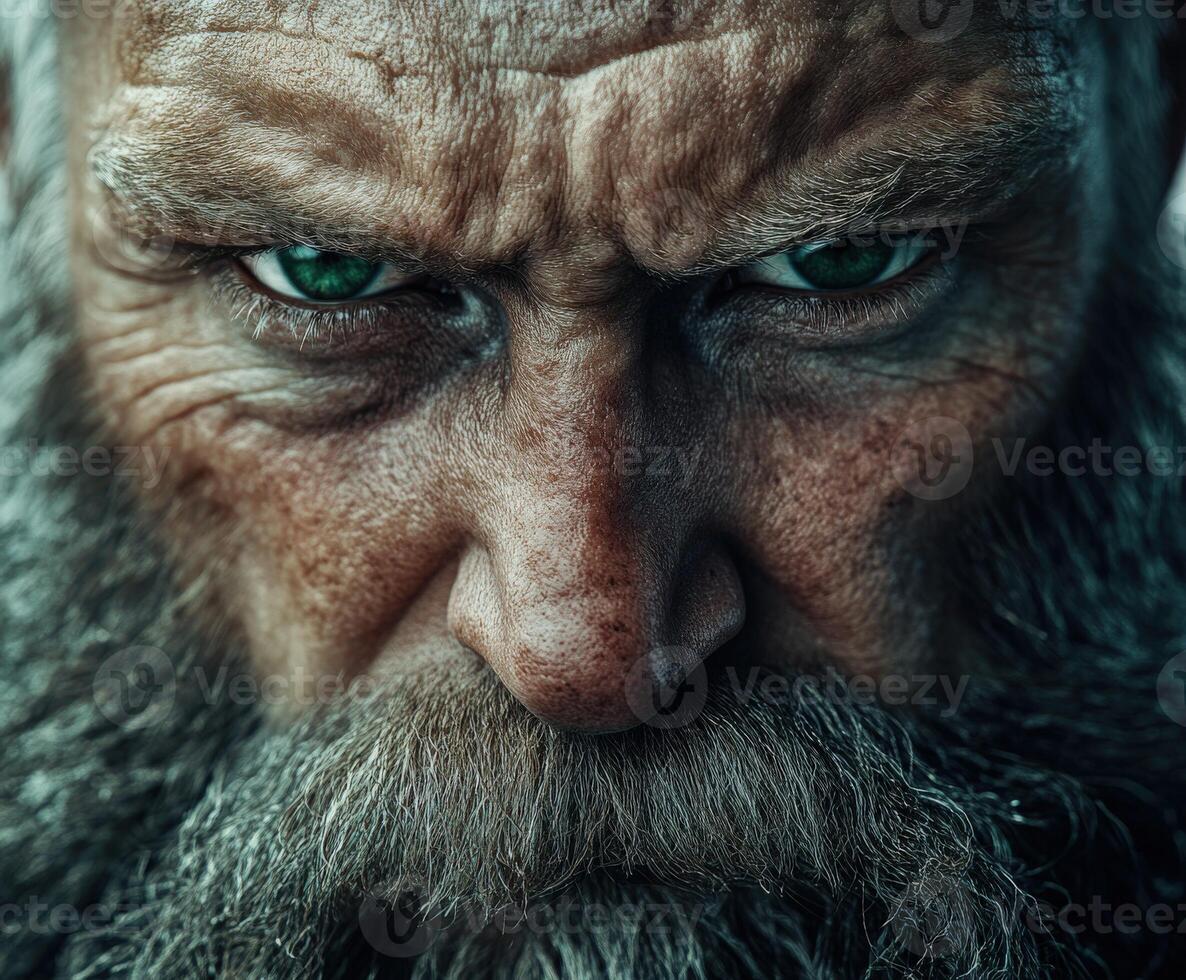 Intense gaze of an aged warrior with striking green eyes and a rugged beard photo