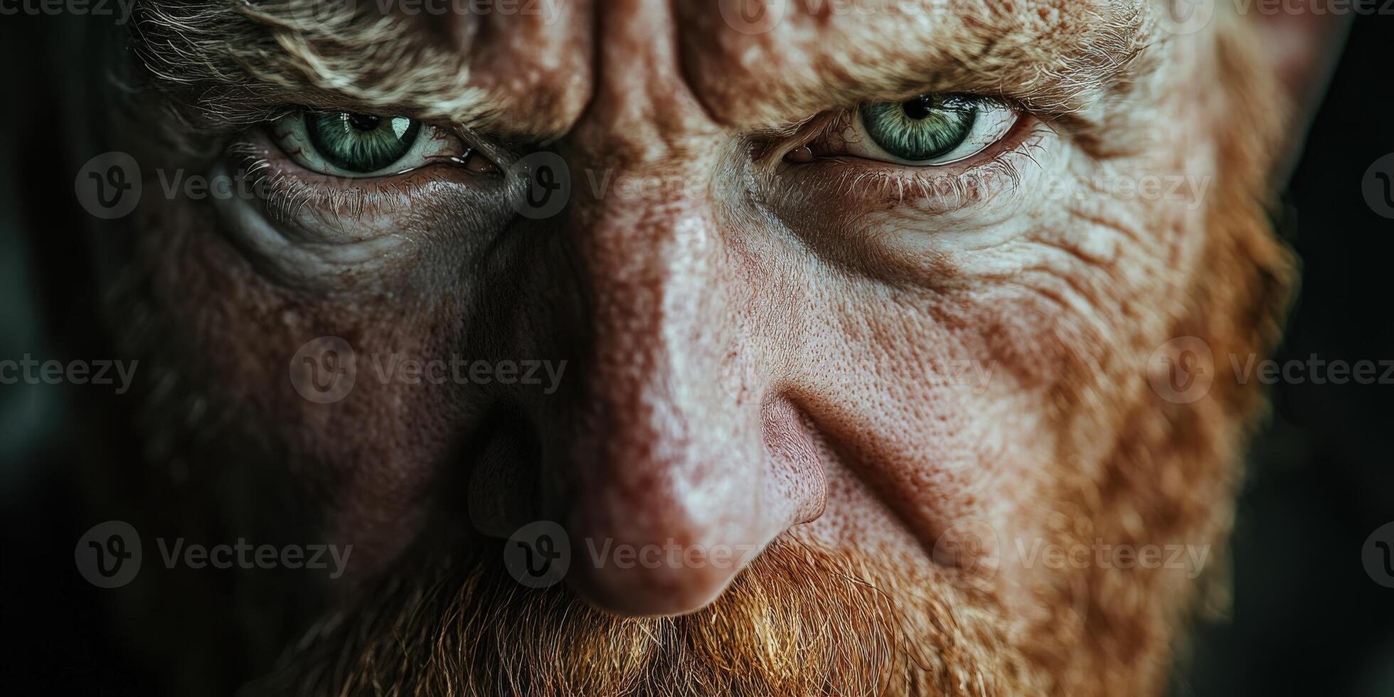 Intense close-up of a man with striking green eyes and ginger beard photo