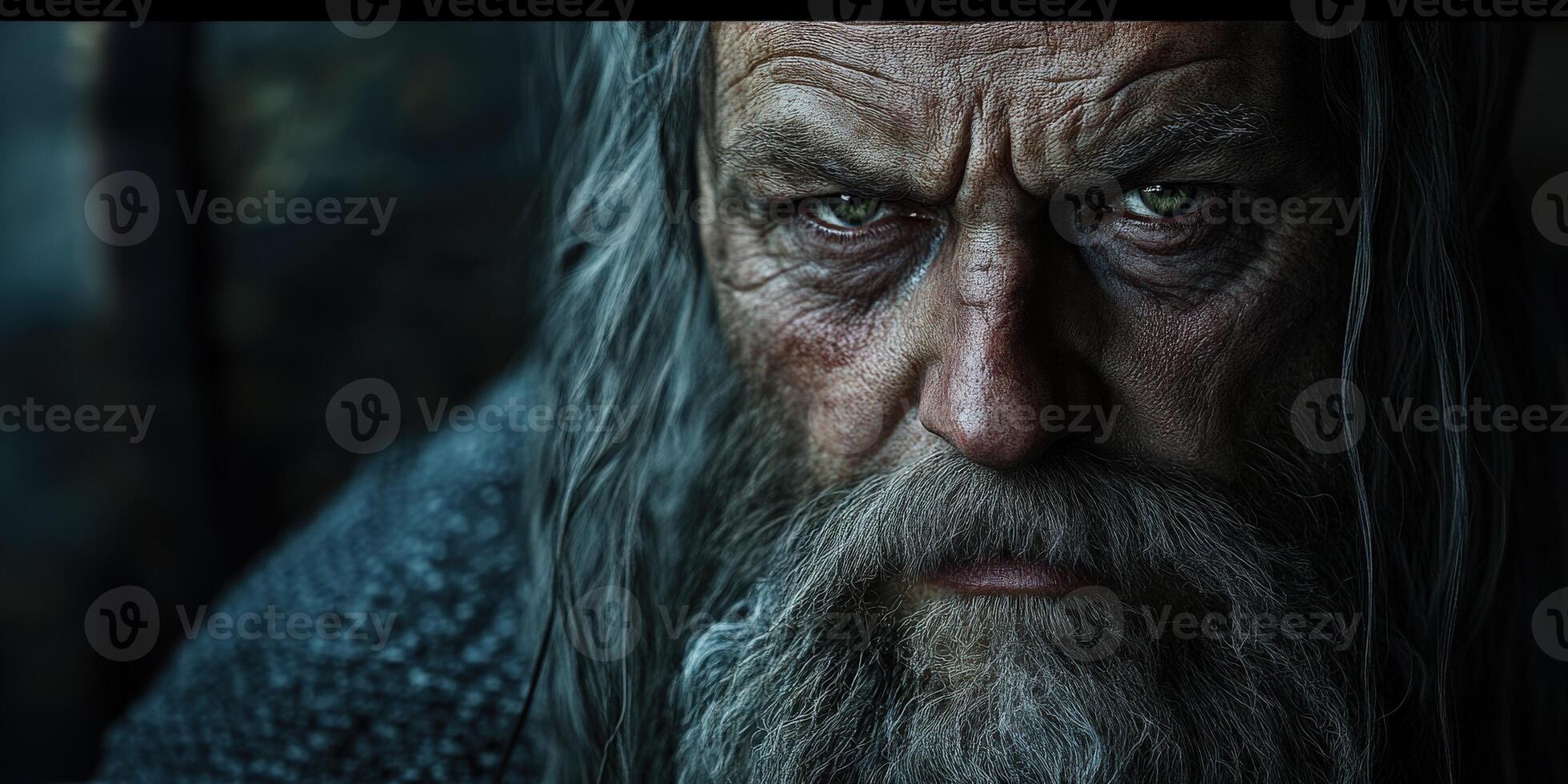 Old warrior displaying wisdom and strength in a dramatic close-up portrait photo