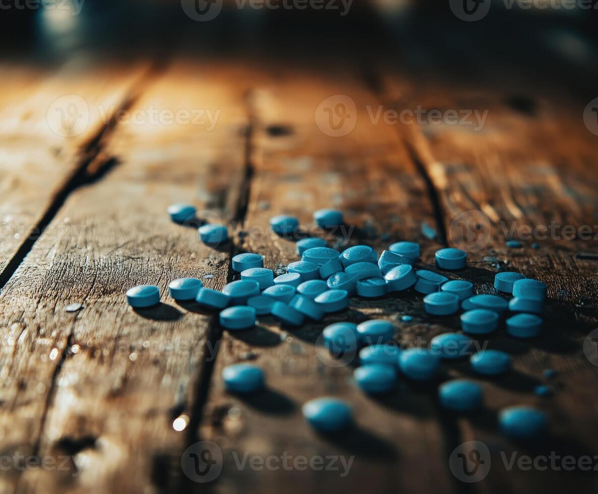 Bright blue tablets scattered on a rustic wooden surface in dim light photo