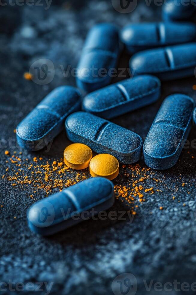 Colorful vitamins and supplements arranged on a textured surface photo