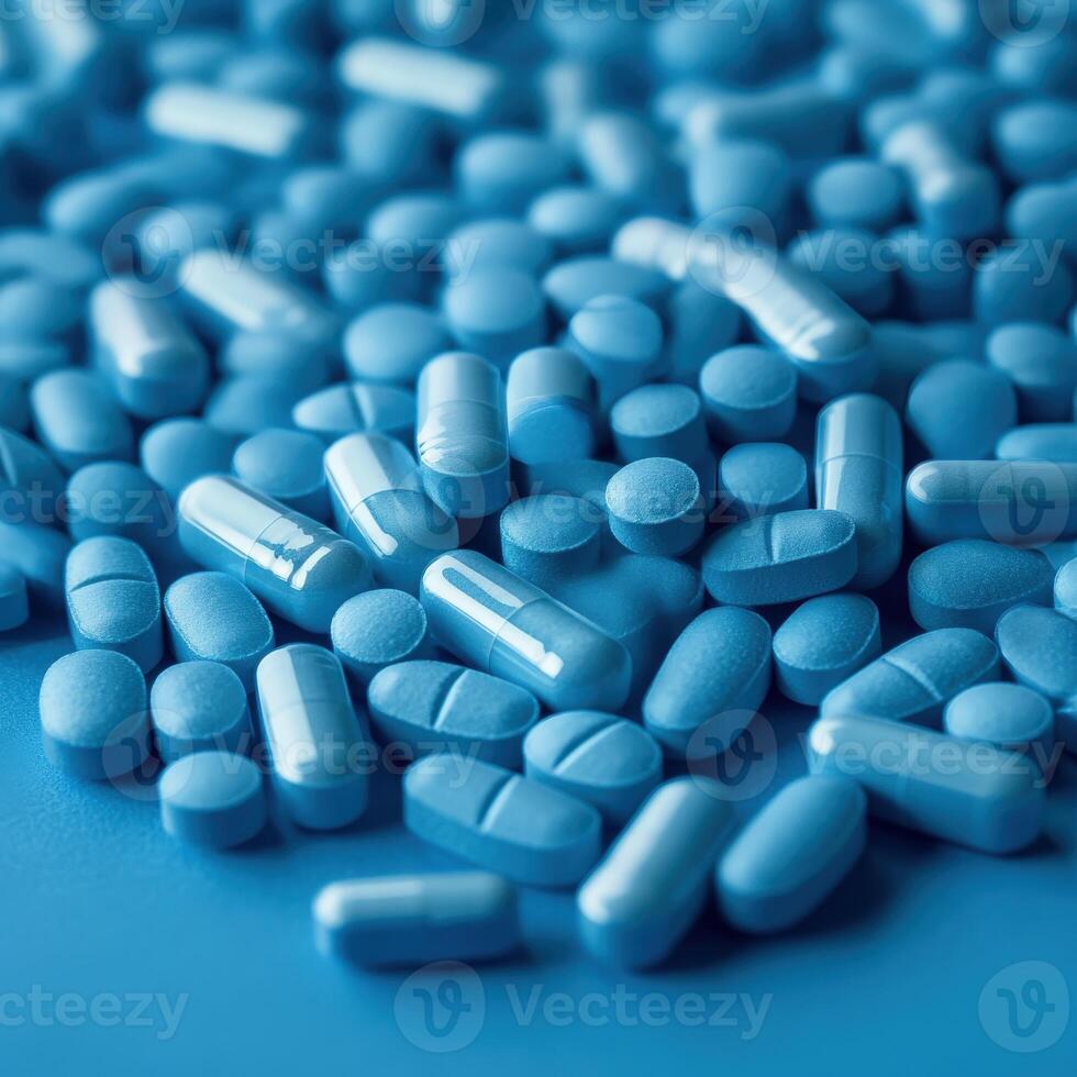 Colorful assortment of blue pharmaceutical tablets and capsules on a surface photo