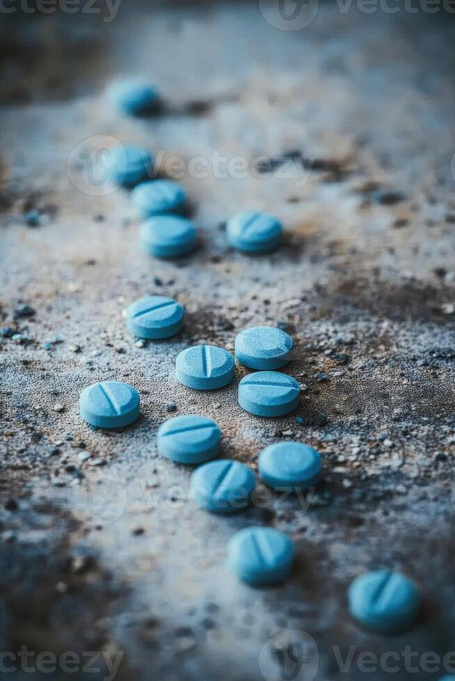 Blue tablets scattered on a textured surface in natural light setting photo