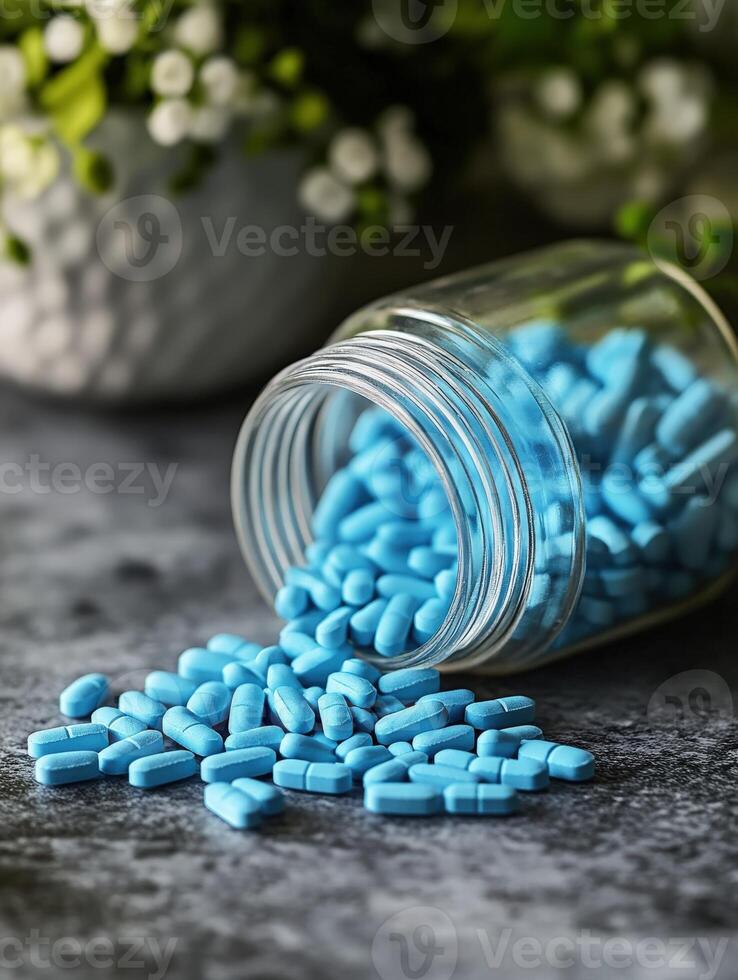 Vibrantly colored blue tablets spill from glass jar onto gray surface photo