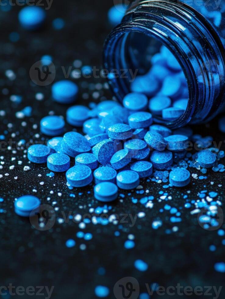 Bright blue tablets spilled from a dark bottle on a textured surface photo
