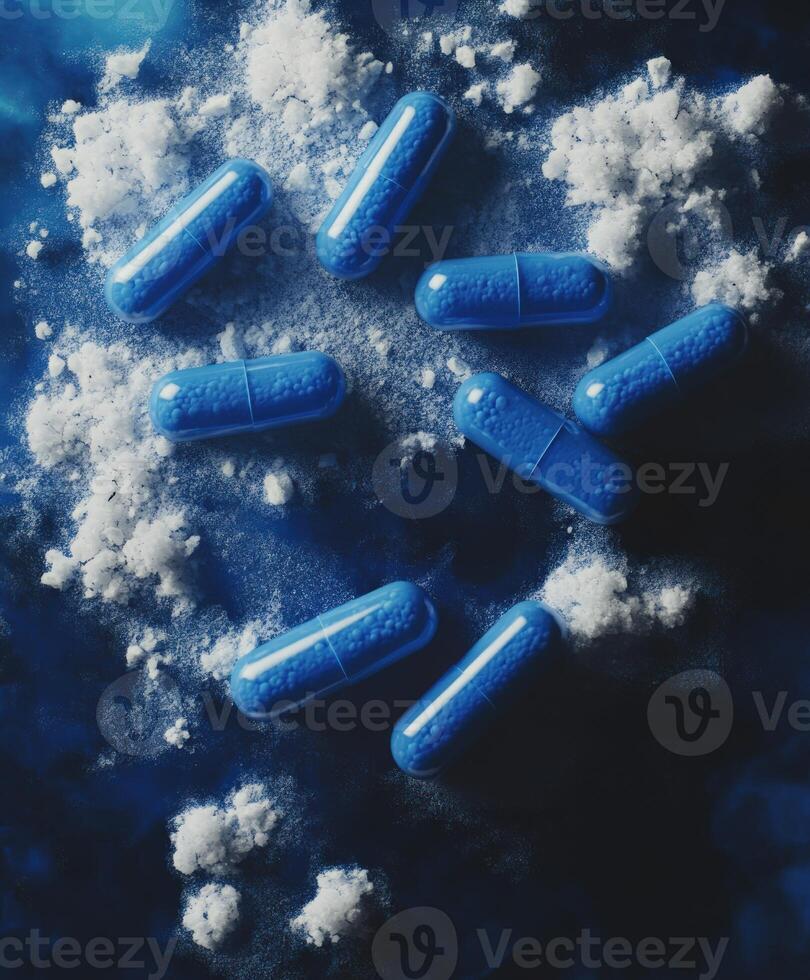 Blue capsules scattered on a textured surface with white powder photo