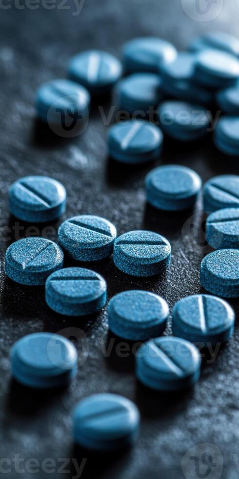 Blue pills scattered on a dark surface with soft lighting photo