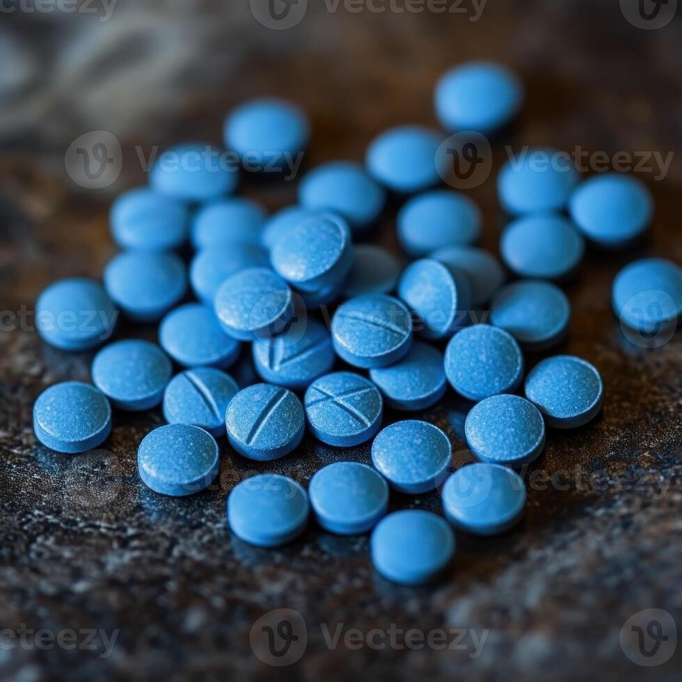 Blue tablets scattered on a dark surface in a well-lit environment photo