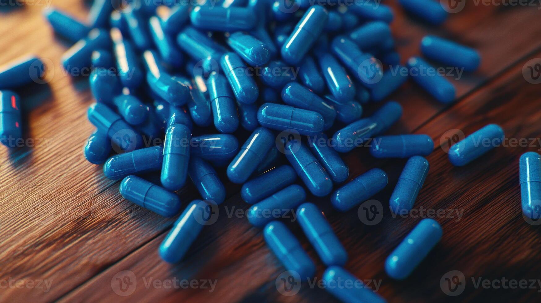 Blue capsules scattered on wooden surface in a well-lit space photo