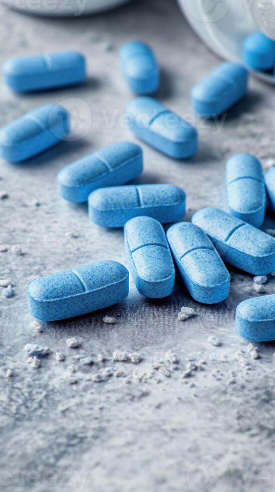 Blue tablets scattered on a textured surface in a natural light setting photo