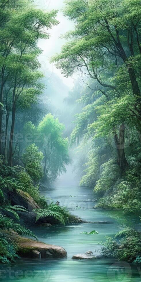 Lush green forest with serene river winding through at dawn light photo