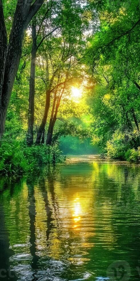 Serene sunset light reflecting off a calm river surrounded by lush trees photo