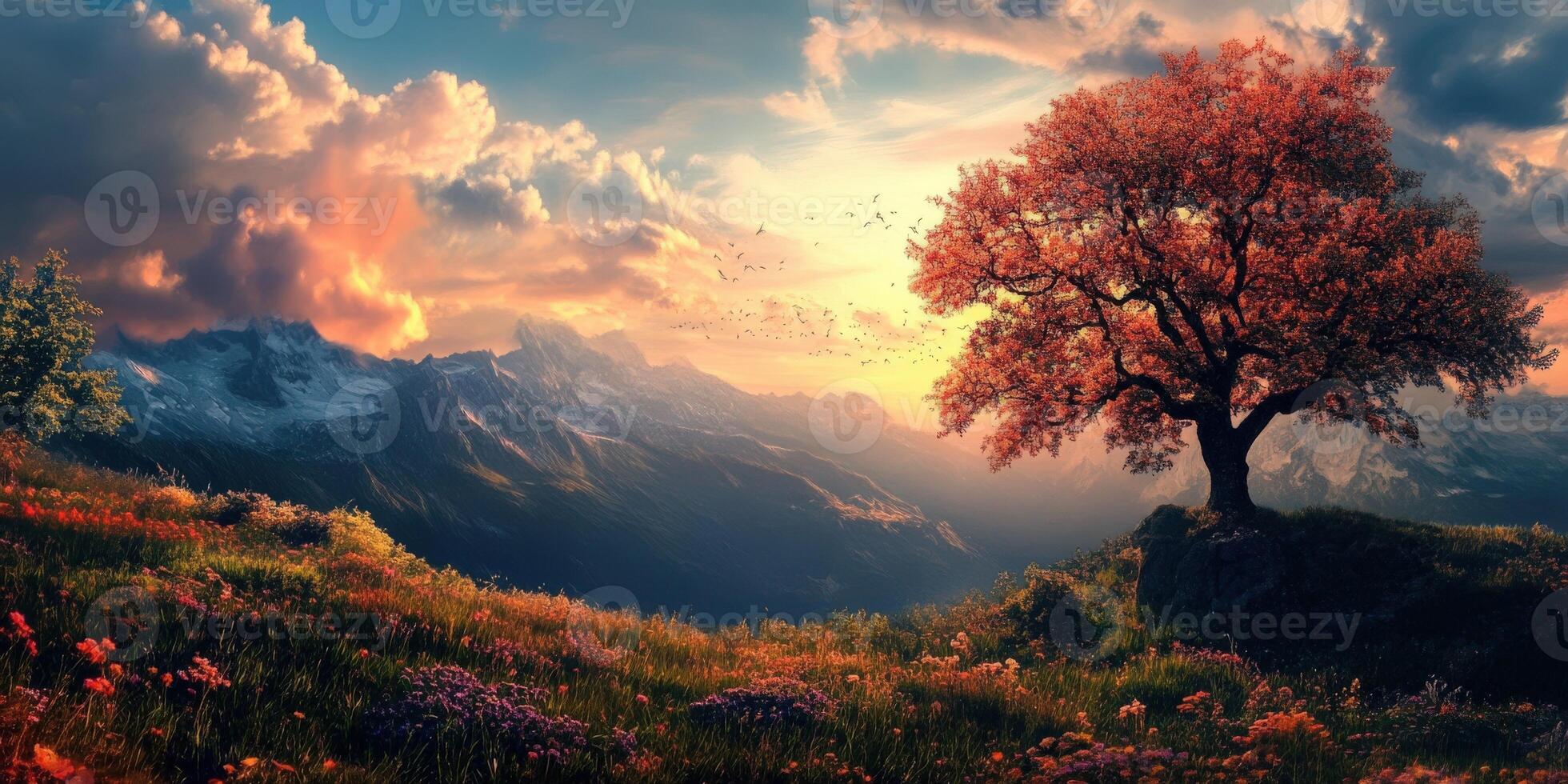 Stunning sunset over mountains with a vibrant tree in autumn colors photo