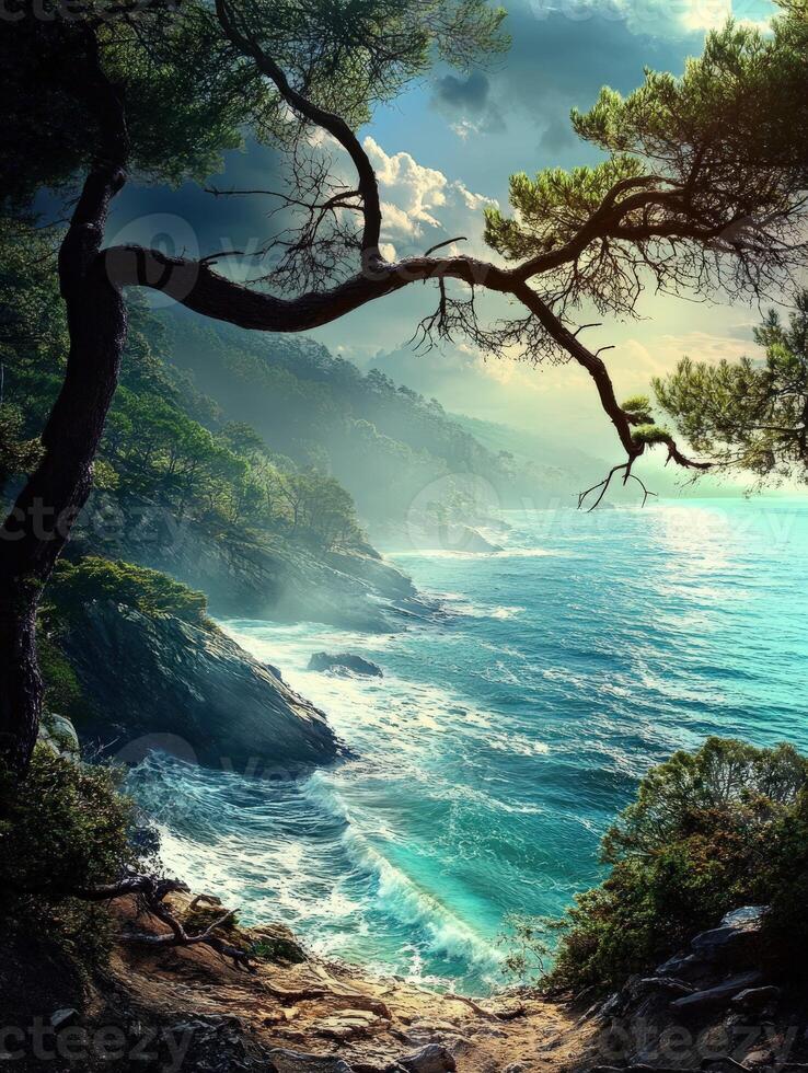 Serenity by the coastal cliffs at dawn with vibrant ocean waves photo
