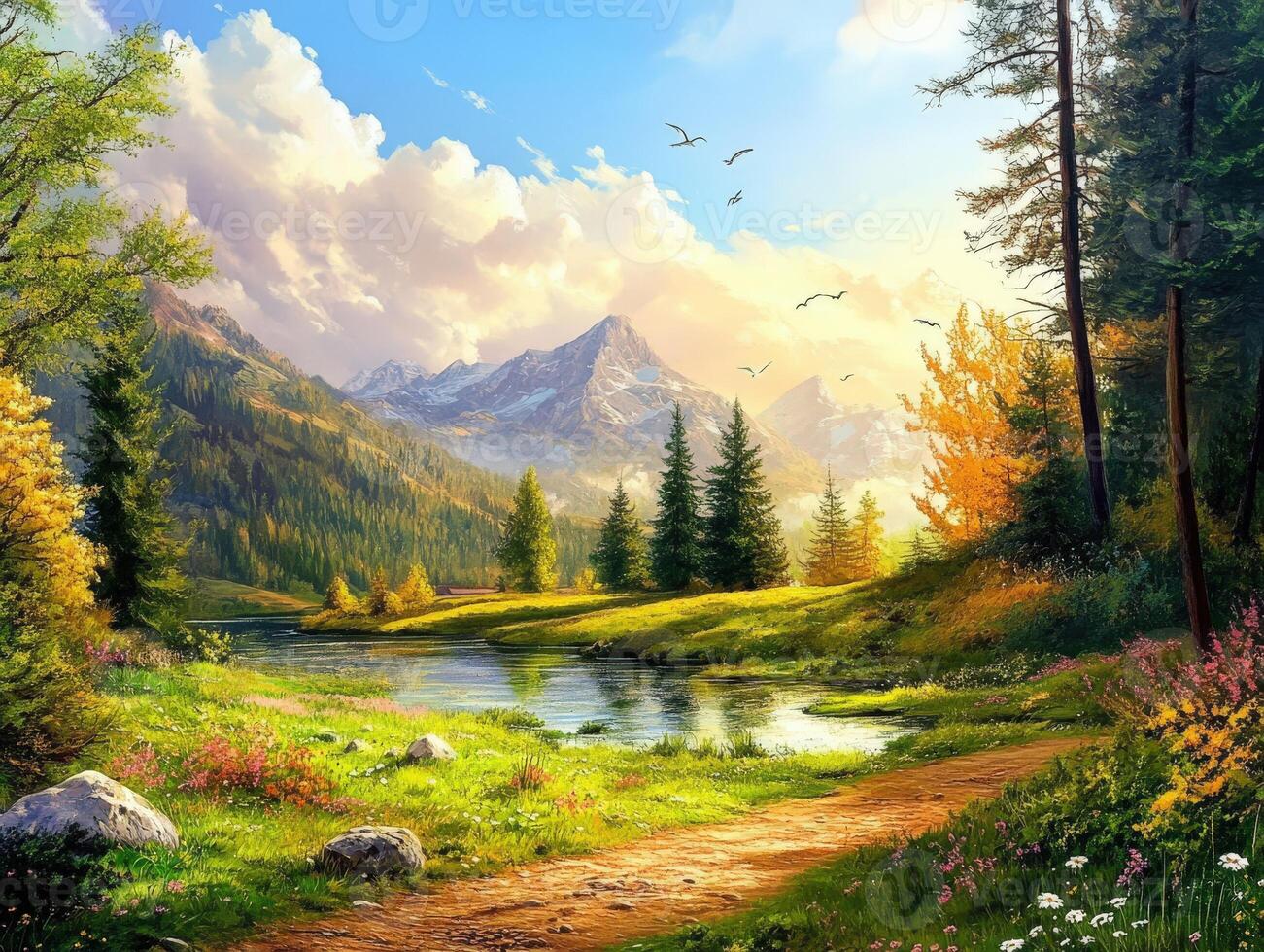 Serene landscape with mountains, river, and vibrant foliage at sunset photo