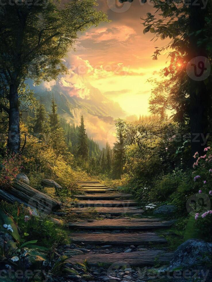 Serene forest path leading to a breathtaking sunset over the mountains photo