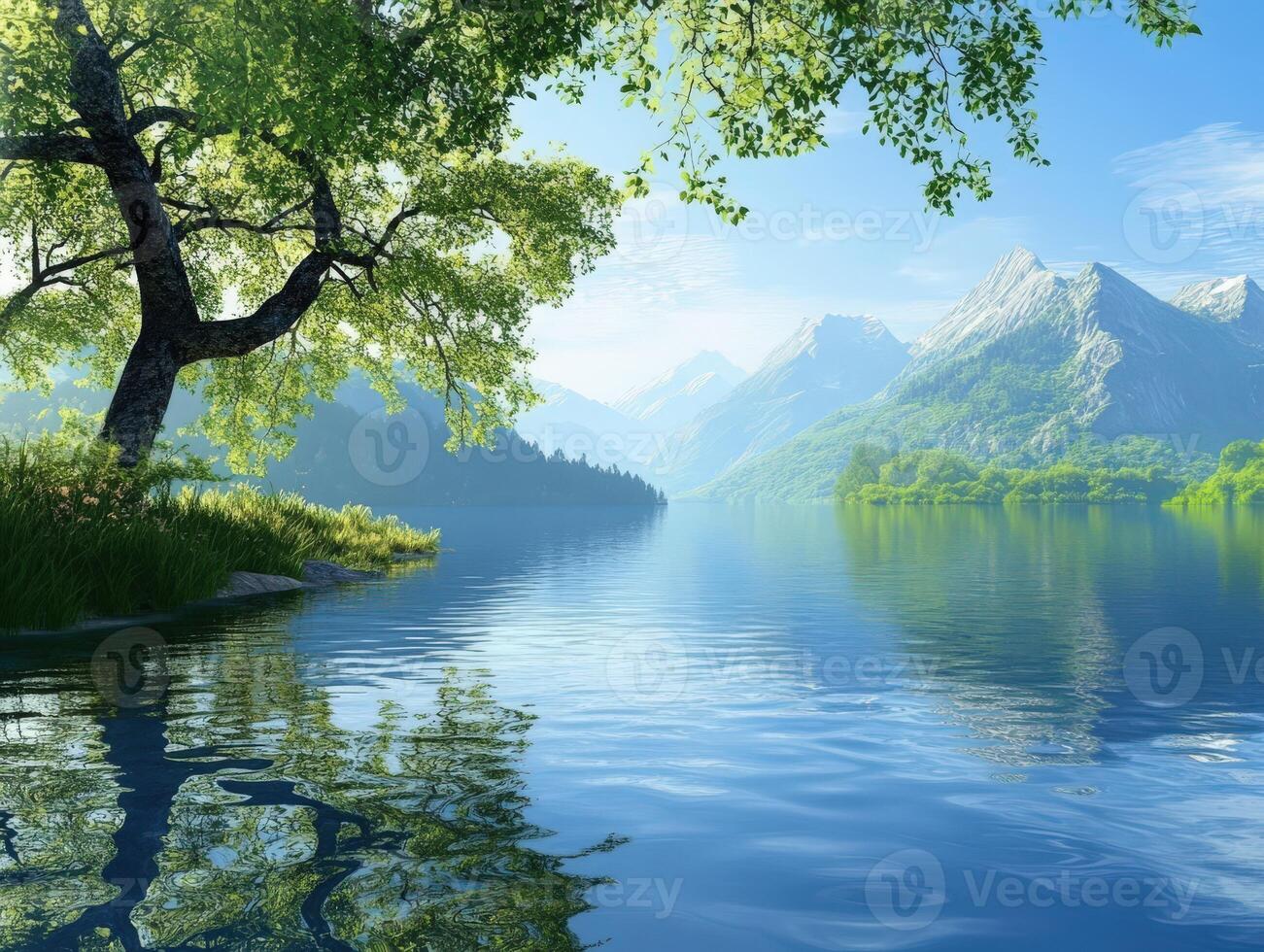 Tranquil lake surrounded by mountains and lush greenery on a clear day photo