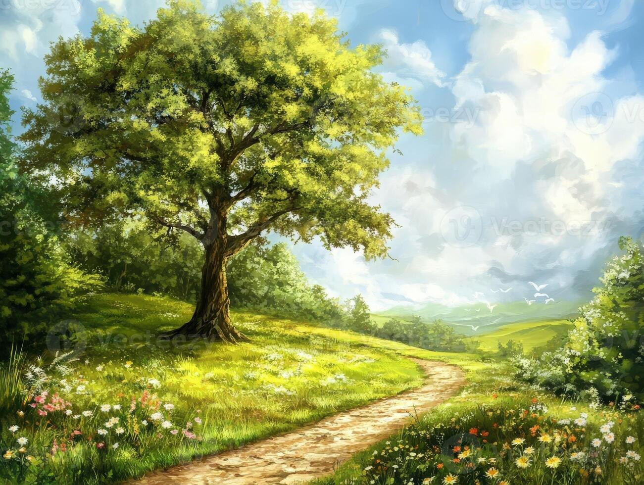 Tranquil rural landscape with a winding path and a large tree photo