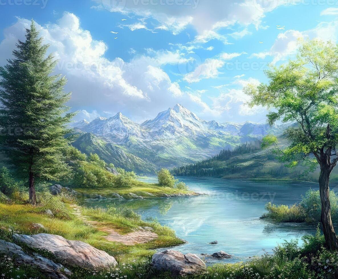 Majestic mountain landscape with serene lake and lush greenery in daylight photo