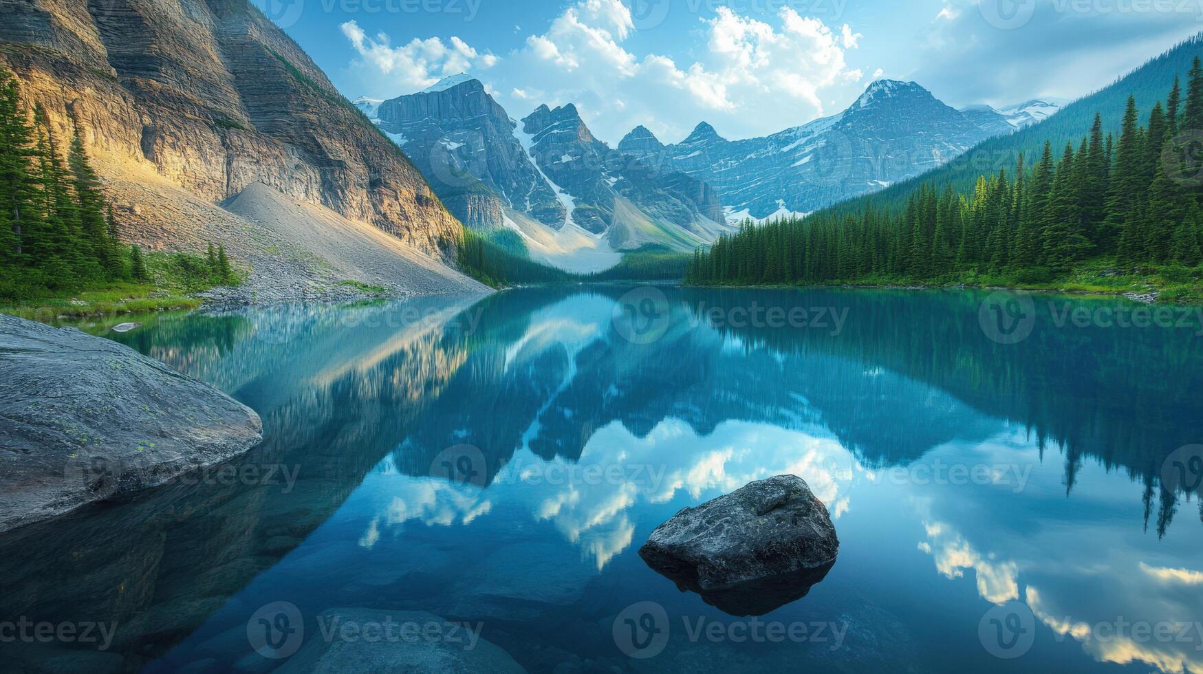 Serene mountain lake reflecting majestic peaks and vibrant trees at dusk photo