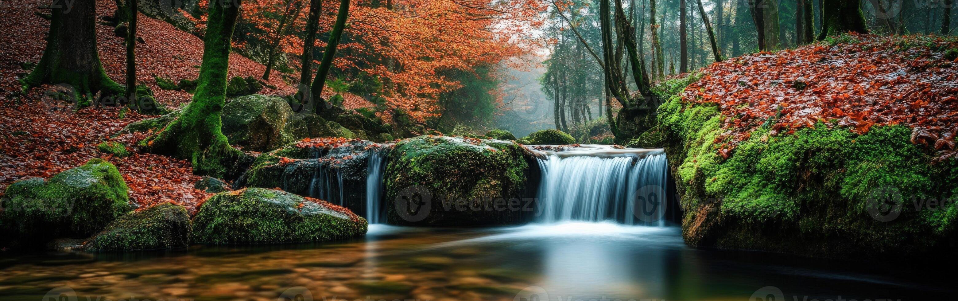 Autumn waterfall flowing through a tranquil forest with colorful foliage photo
