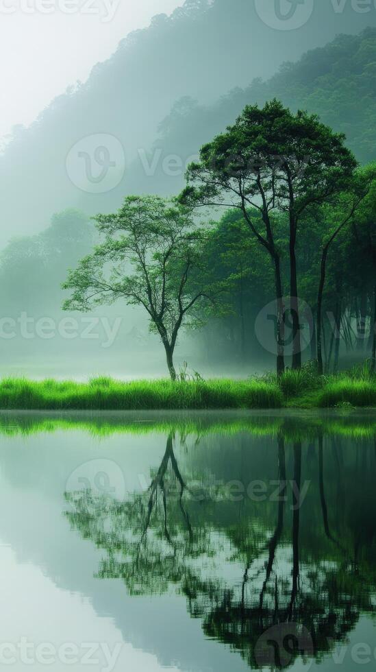Tranquil morning by the calm lake with lush greenery and reflections photo