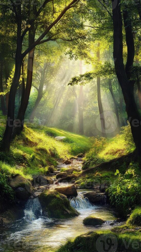 Sunlight filters through trees in a serene forest with a flowing stream photo