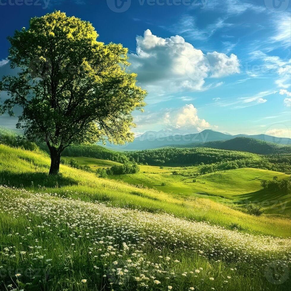 Beautiful peaceful meadow under a blue sky with lush greenery and mountains photo